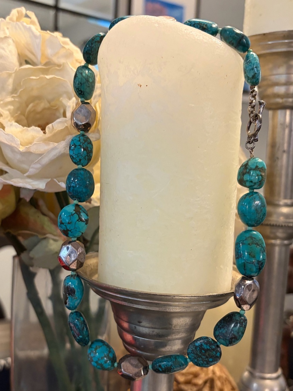 Artisan Chunky Turquoise Nugget & Faceted Silver Bead Toggle Necklace